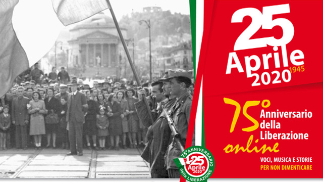 Locandina celebrazioni 25 Aprile 2020 con grafica rossa, tricolore e foto in bianco e nero