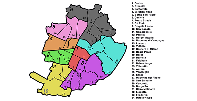 Cartina di Torino con colori e nomi Circoscrizioni