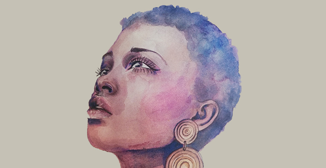Acquerello di viso donna africana on capelli corti e orecchini - infibulazione