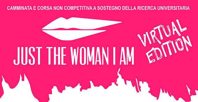 Locandina Just the Woman I am Virtual Edition, scritte bianche su fondo fucsia