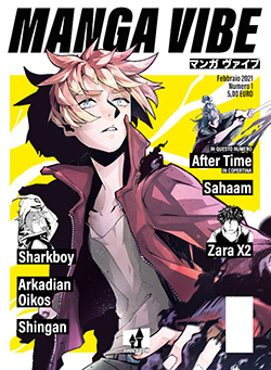 Copertina rivista Manga Vibe, ragazzo con capelli e giacca rosa su fondo giallo