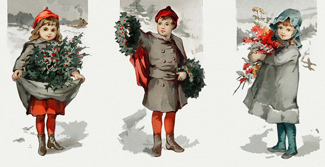 Cartolina di Natale vintage con tre bambini che portano agrifoglio e rami