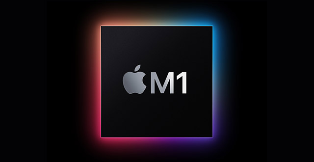 Logo Apple e scritta M1 su fondo nero con bordo colorato