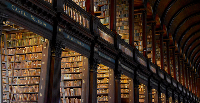 Biblioteca antica in legno su due piani - ricerca umanistica