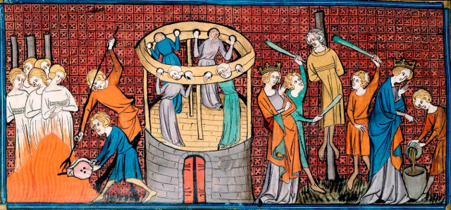 Illustrazione medievale di roghi e torture alle streghe