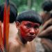 Indigeno a petto nudo con volto dipinto di rosso e piume colorate