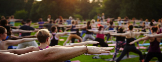 Persone che fanno yoga in un parco