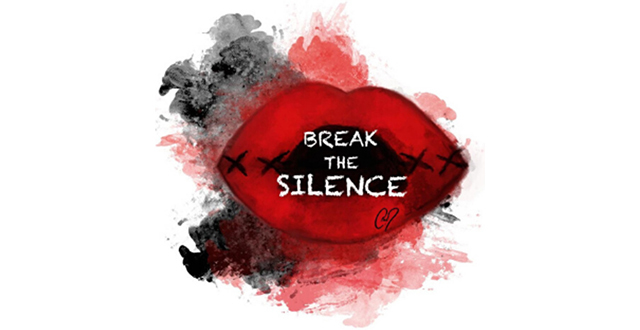 Disegno bocca rossetto rosso con scritta Break the silence