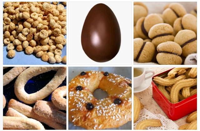 Immagini di nocciolini di Chivasso, uovo di cioccolata Pasqua, baci di dama, torcetti, ciambella di Chieri, krumiri