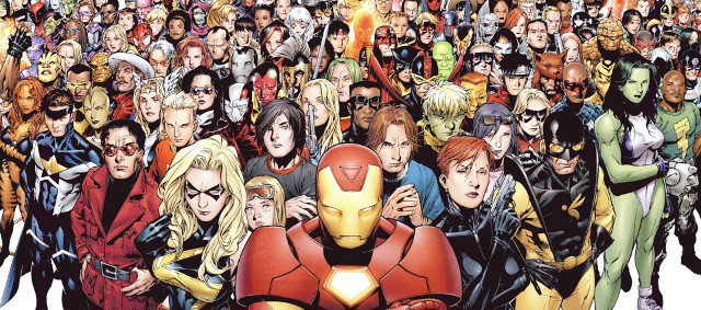 Gruppo di personaggi dei fumetti con in primo piano Ironman