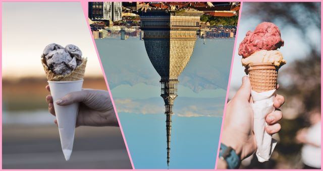 Collage immagini, due coni gelato con in mezzo Mole Antonelliana rovesciata 